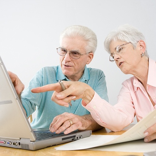 Illustrasjonsfoto: Eldre kvinne og mann peker på dataskjermen